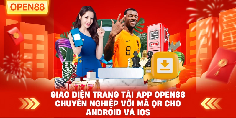 Giao diện trang tải app OPEN88 chuyên nghiệp với mã QR cho Android và iOS